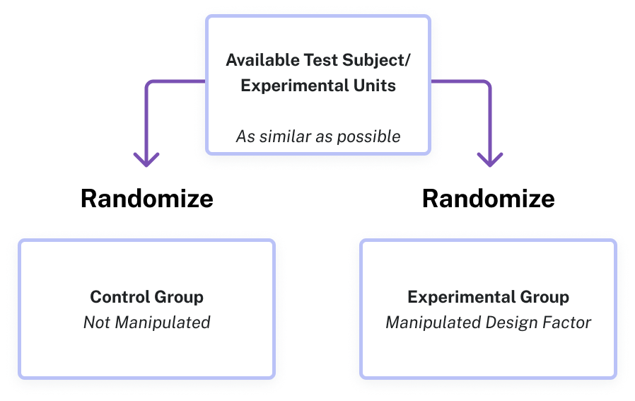 Diagram showing that the available test subjects are randomly split into two groups: control group and experimental group