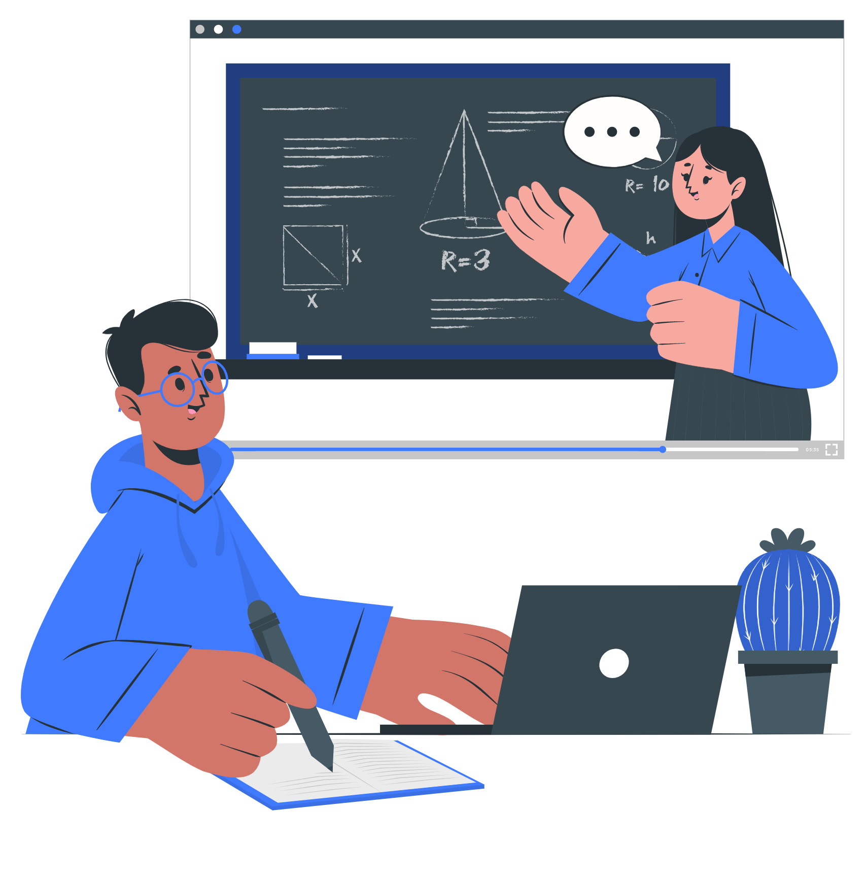 An instructor standing at a blackboard with a student sitting beside their laptop holding a pencil and writing in a notebook.