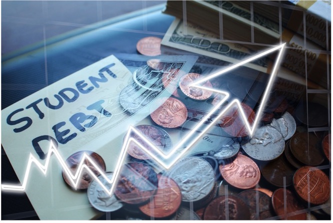 A sticky note with "student debt" written on it underneath coins and cash. An arrow showing an increase is in front of the whole image.