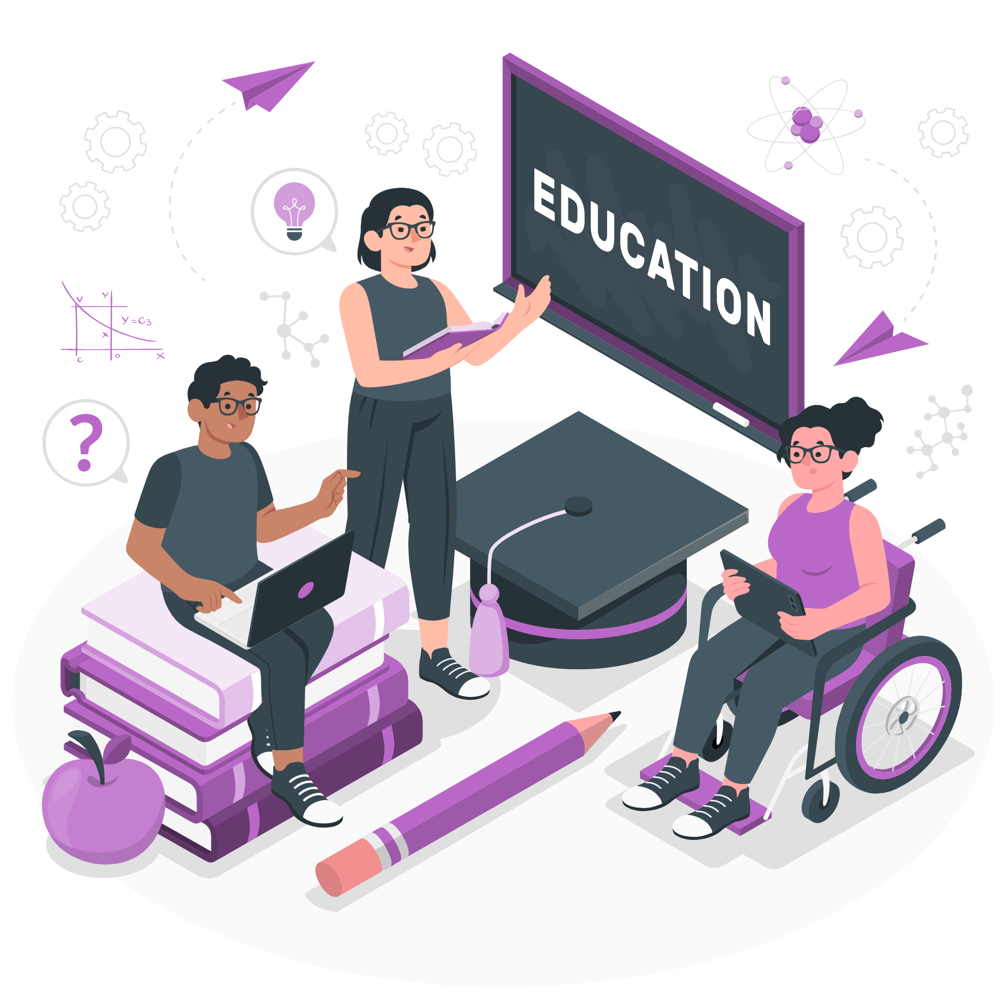 3 animated people. One is standing reading a book gesturing to a white board that says "education". Another is sitting on a large pile of books on a computer. The third is sitting in a wheelchair holding a tablet. There are various education themed animations surrounding them.
