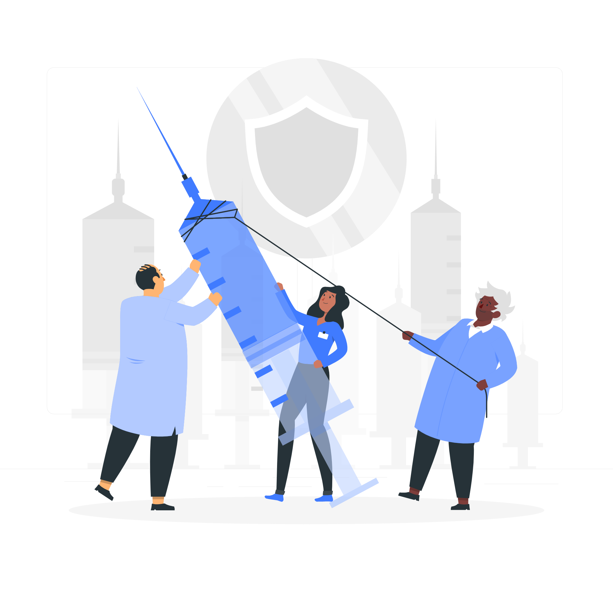 Animated image of three people trying to move a giant syringe.