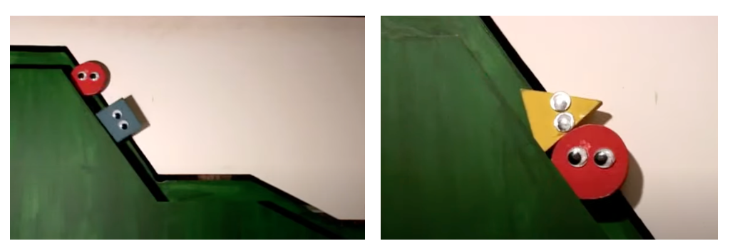 Images of the little figures shown to infants in the experiment—a red circle with googly eyes in the main character, and in the first situation, a blue square helps it up a hill, and in the second situation, a yellow triangle pushes it down the hill.