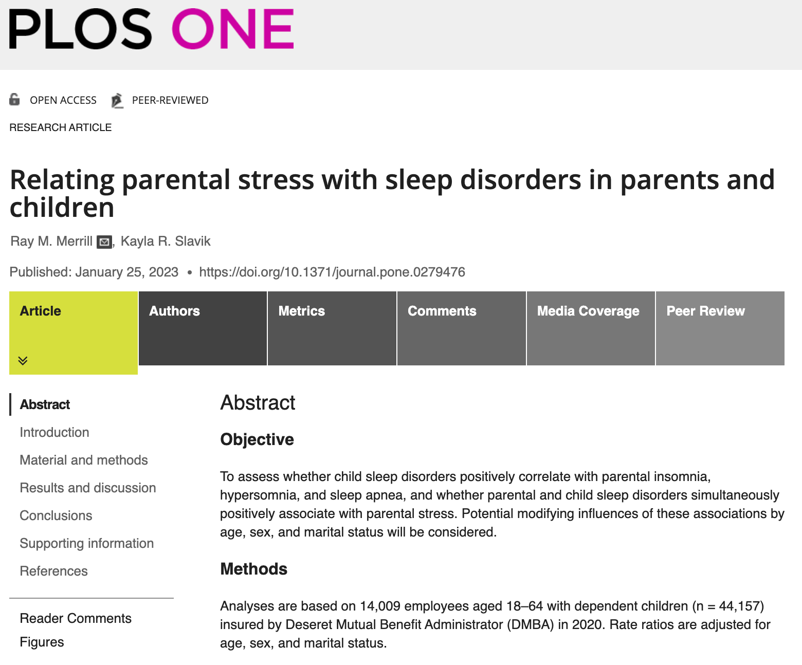 A screenshot of a journal article from PLOS One titled, "Relating parental stess with sleep disorders in parents and children." In the left-column are links to the abstract, introduction, and other pieces of the study.