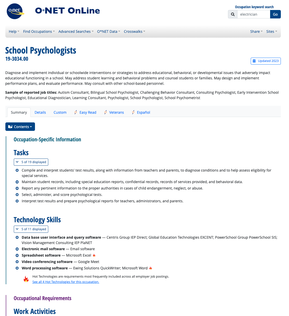 Screenshot from O*Net online showing the job of a school psychologist along with listed tasks and technology skills needed to perform the job.