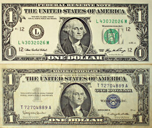 Two images are shown. The bottom image is a silver certificate— commodity-backed U.S. paper currency from 1957 or earlier, backed by silver and as indicated with the words “Silver Certificate” printed on the bill. The top image is of a modern U.S. currency which no longer indicates that it is commodity-backed, but which is still legal tender for all debts.