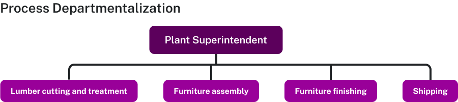Process departmentalization shows a plant superintendent at the top level with lumber cutting and treatment, furniture assembly, furniture finishing, and shipping below.