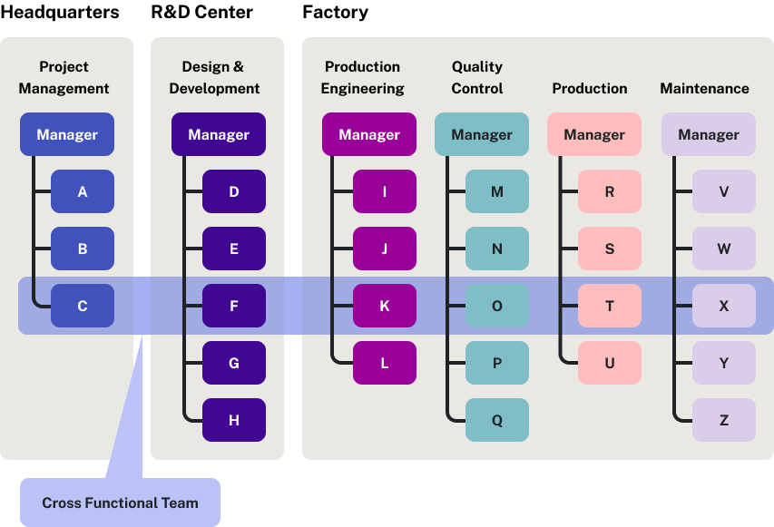 Graphic showing cross-functional teams. There are six teams with multiple members. These teams are as follows: Project Management, Design and Development, Production Engineering, Quality Control, Production, and Maintenance. A cross-functional team includes one member from each of the aforementioned teams.