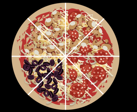 Pizza with two slices with pepperoni, two slices with olives, two slices with mushrooms, and two slices with mushrooms and pepperoni.