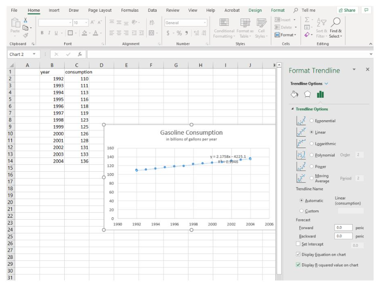 a screenshot showing the choice of a trendline in an Excel chart