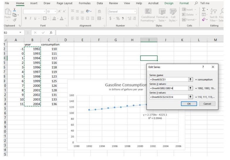 a screenshot on an Excel spreadsheet showing the Edit Series box in a chart