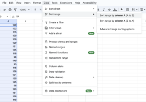 Data in Google Sheets, with the Data, sort range, and sort range by column A buttons highlighted