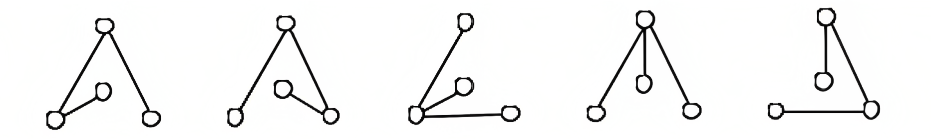 Five triangular graphs where there are no Euler circuits, but every vertex has a path to every other vertex.