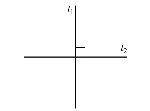 Two perpendicular lines, l subscript 1 and l subscript 2 intersect forming a 90 degrees angle.