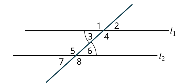 Two parallel lines, l subscript 1 and l subscript 2 are intersected by a transversal. The transversal makes four angles numbered 1, 2, 3, and 4 with the line, l subscript 1. The transversal makes four angles numbered 5, 6, 7, and 8 with the line, l subscript 2. 1, 2, 7, and 8 are exterior angles. 3, 4, 5, and 6 are interior angles. The alternate interior angles, 3 and 6 are highlighted.