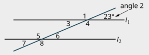 Two parallel lines, l subscript 1 and l subscript 2 are intersected by a transversal. The transversal makes four angles numbered 1, 23 degrees, 3, and 4 with the line, l subscript 1. The transversal makes four angles numbered 5, 6, 7, and 8 with the line, l subscript 2. 1, 23 degrees, 7, and 8 are exterior angles. 3, 4, 5, and 6 are interior angles.