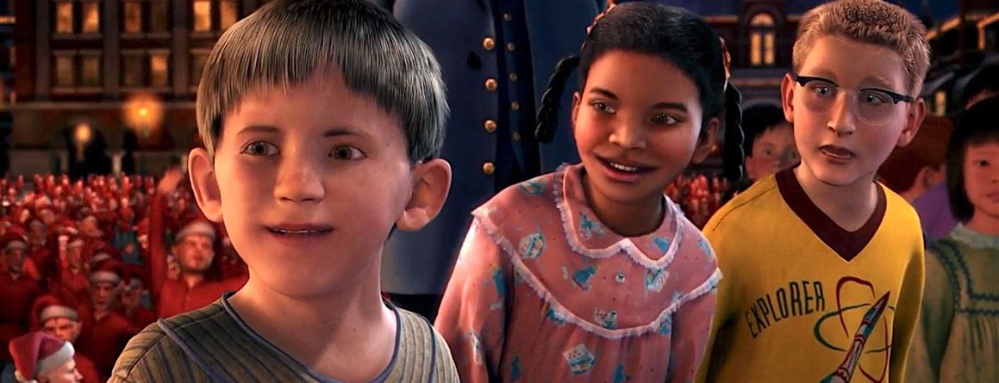 This image shows three animated children from the film "The Polar Express."  he characters exhibit the animation style that is characteristic of the movie, which some viewers felt fell into the uncanny valley due to their realistic human features combined with a digital sheen.