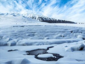 A snowy, mountain landscape