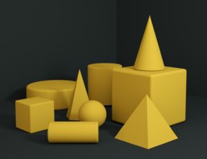 3D shapes including cubes, trapezoids, spheres, and rectangles.
