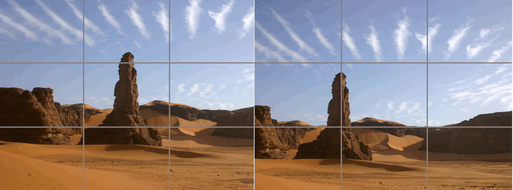 Two of the same images of a rock formation side by side with a 3x3 grid overlapping. The first image has the rock formation in the center, the second has the rock formation lined up with a grid line.