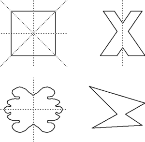 a set of four different shapes, three with reflection symmetry and one that is asymmetrical