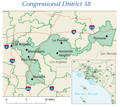 A map showing California's 38th congressional district in 2004. It is long and narrow, and bent like an L.