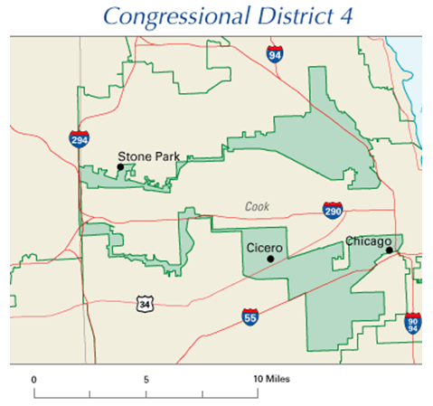 A map showing Illinois 4th congressional district in 2004. It consists of two long and extremely narrow segments, connected on one end by a very narrow segment.