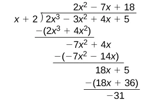 Synthetic division of the polynomial 2x^3-3x^2+4x+5 by x+2