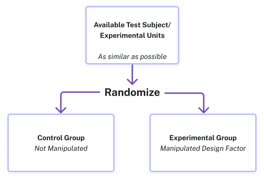 Diagram showing that the available test subjects are randomly split into two groups: control group and experimental group