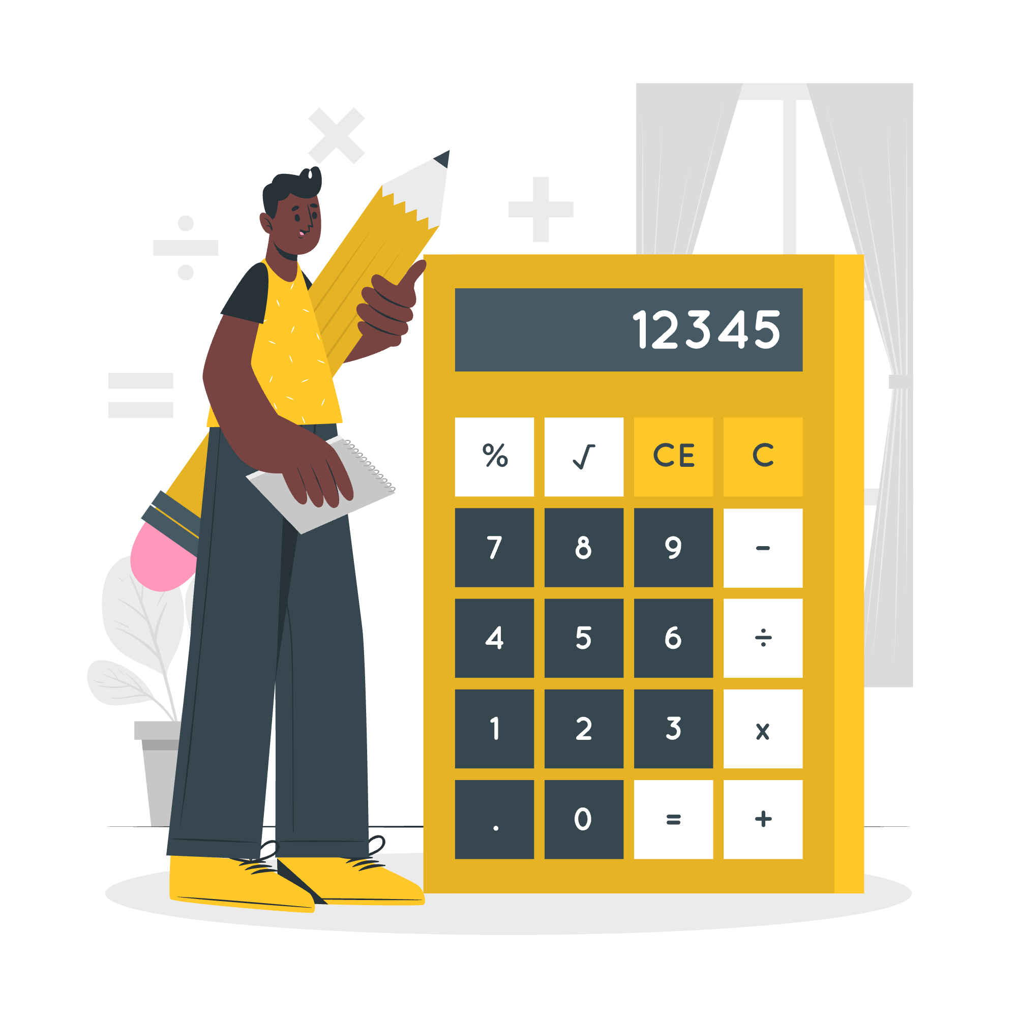 Animated image of a person, a pencil, and a large calculator.