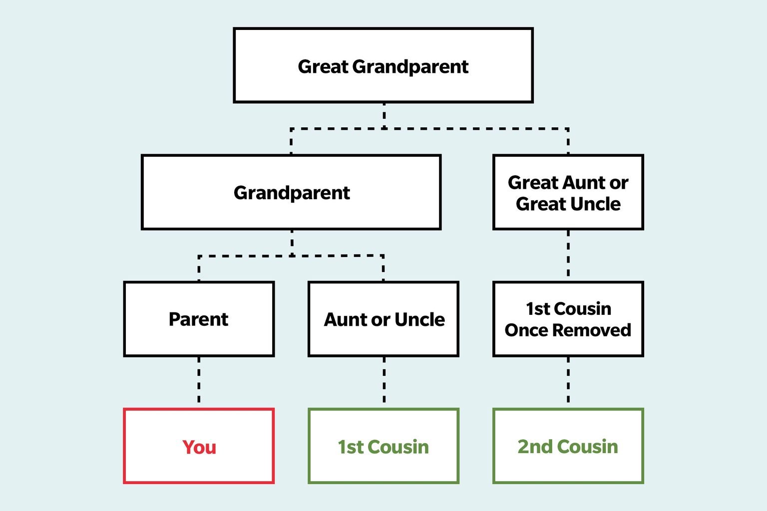 A diagram of a family tree, starting a great grandparent. It then branches into grandparent and great aunt or uncle. From the grandparent box, it goes into parent and aunt or uncle. From parent it goes to you, and aunt or uncle it goes to 1st cousin. After great aunt or uncle, it goes to 1st cousin once removed. Following that is a second cousin.