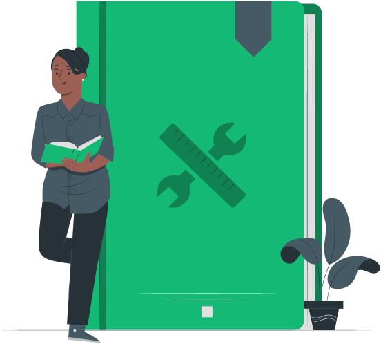 Illustration of an instructor standing beside a large book