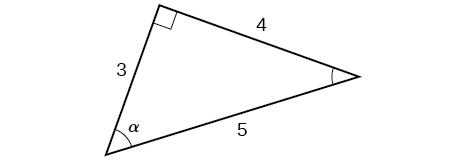 Right triangle with sides of 3, 4, and 5. Angle alpha is also labeled which is opposite the side labeled 4.