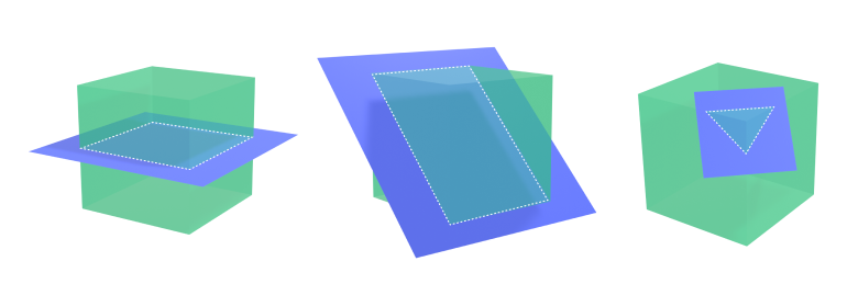 Three green cubes with blue planes intersecting them. The first cube is intersected by a horizontal plane, resulting in a square cross-section. The second cube is intersected by an inclined plane, producing a rectangular cross-section. The third cube is intersected by a vertical plane, creating a triangular cross-section.