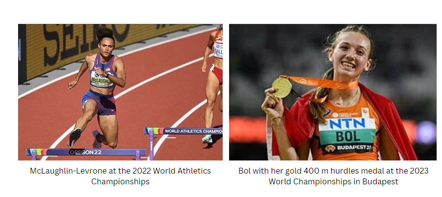 On the left, McLaughlin-Levrone competing at the 2022 World Athletics Championships, running on a track with a focused expression. On the right, Bol smiling and holding her gold medal for the 400m hurdles at the 2023 World Championships in Budapest."