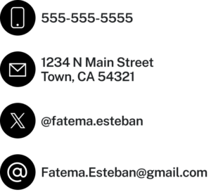 A pictograph with four vertical circles conveying a phone number, email address, X (Twitter) handle, and street address.