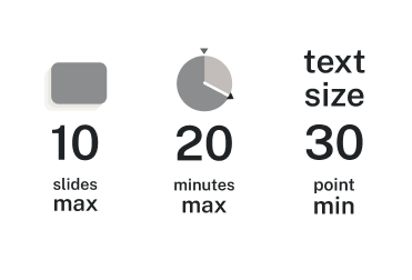 A visual representation of the 10/20/30 rule. There are three icons accompanied by text. The first icon is a stylized depiction of a slide deck, with the number "10" and the text "slides max" underneath, indicating that the presentation should have a maximum of 10 slides. The second icon shows a clock with one third of the face highlighted, next to the number "20" and the text "minutes max," suggesting that the presentation should be no longer than 20 minutes. The third icon features the text "text size" with the number "30" and the words "point min" below it, indicating that the minimum font size for the presentation text should be 30 points.