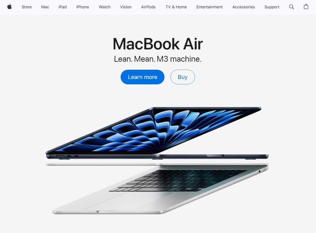 Apple's website features an image of their MacBook Air laptop with eye catching blue waves on its screen surrounded by white space.