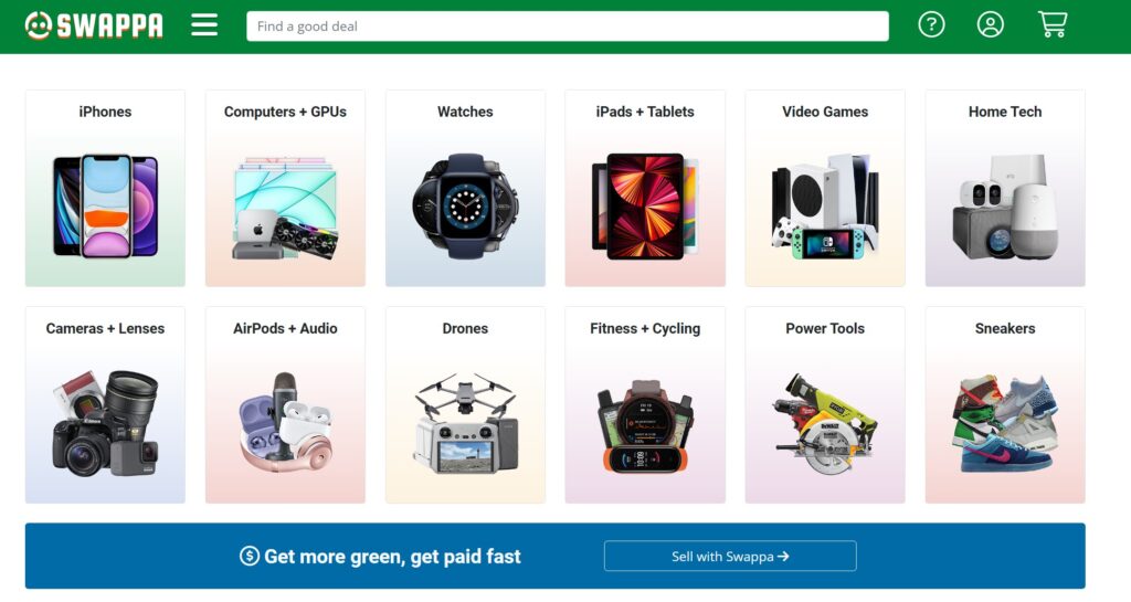 Swappa's website features tiles of product categories, each with a heading and a photo of a group of the products: iPhones, computers, watches, iPads and tablets, video games, home technology tools, cameras and lenses, AirPods and audio equipment, drones, fitness and cycling equipment, power tools, and sneakers.