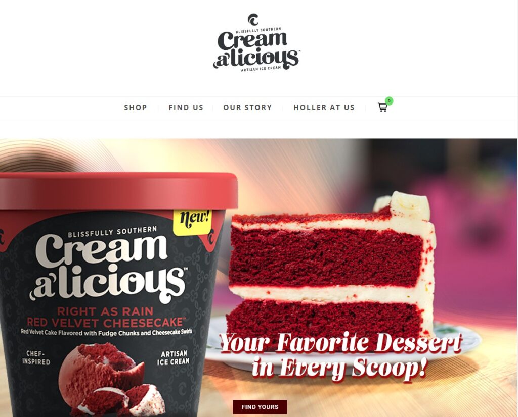 The website of Creamalicious, , an artisan ice cream brand, features an image of a slice of red velvet cake next to a container of "Right as Rain Red Velvet Cheesecake" flavor ice cream.