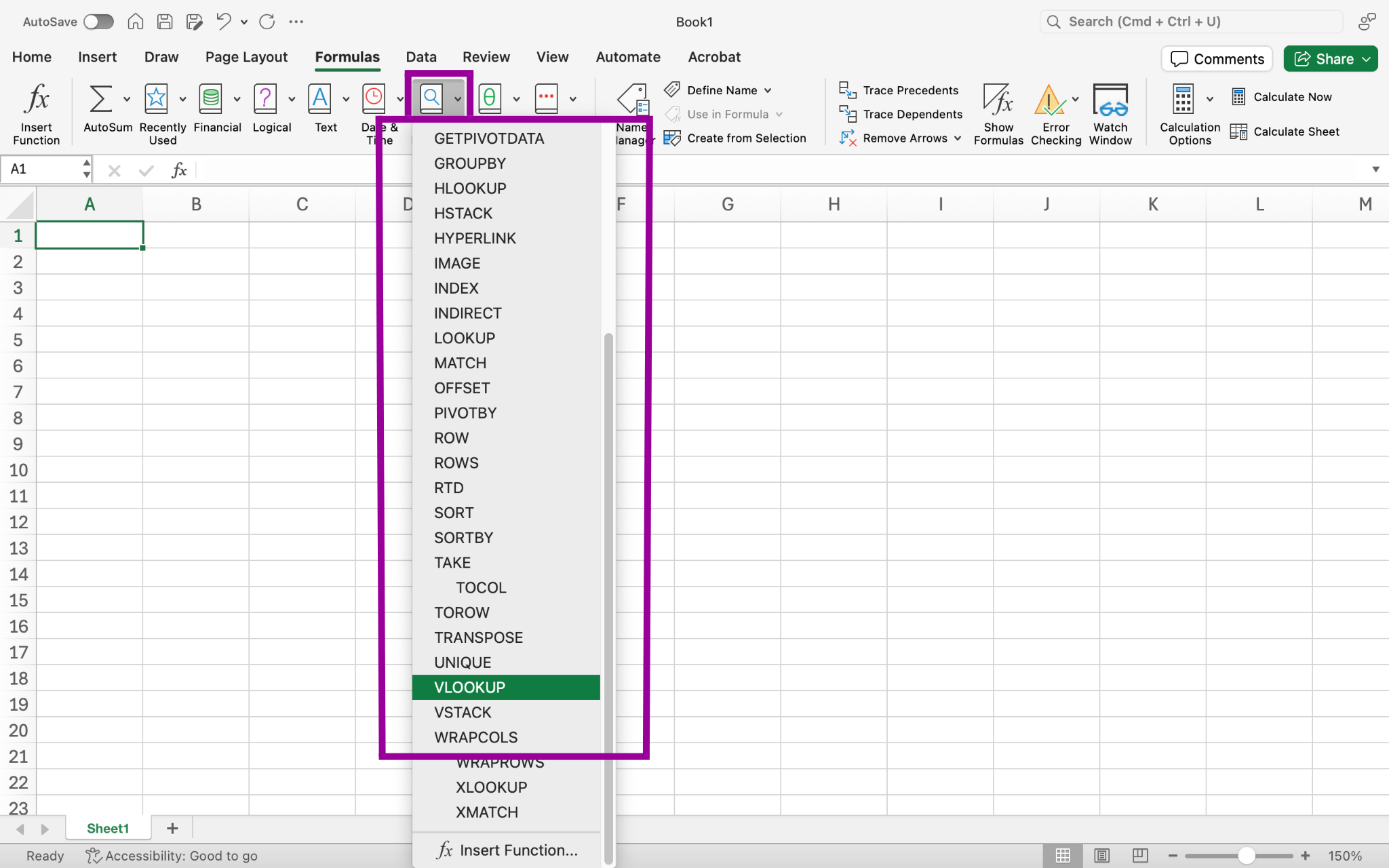 Excel table open with "Lookup & Reference" button selected, revealing a dropdown menu of 21 items. VLOOKUP is selected:
