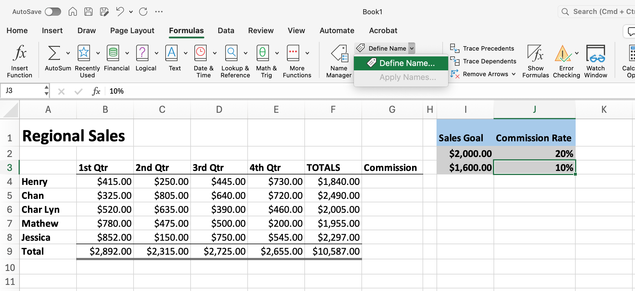 Excel screenshot of the define names button under the Formulas tab.