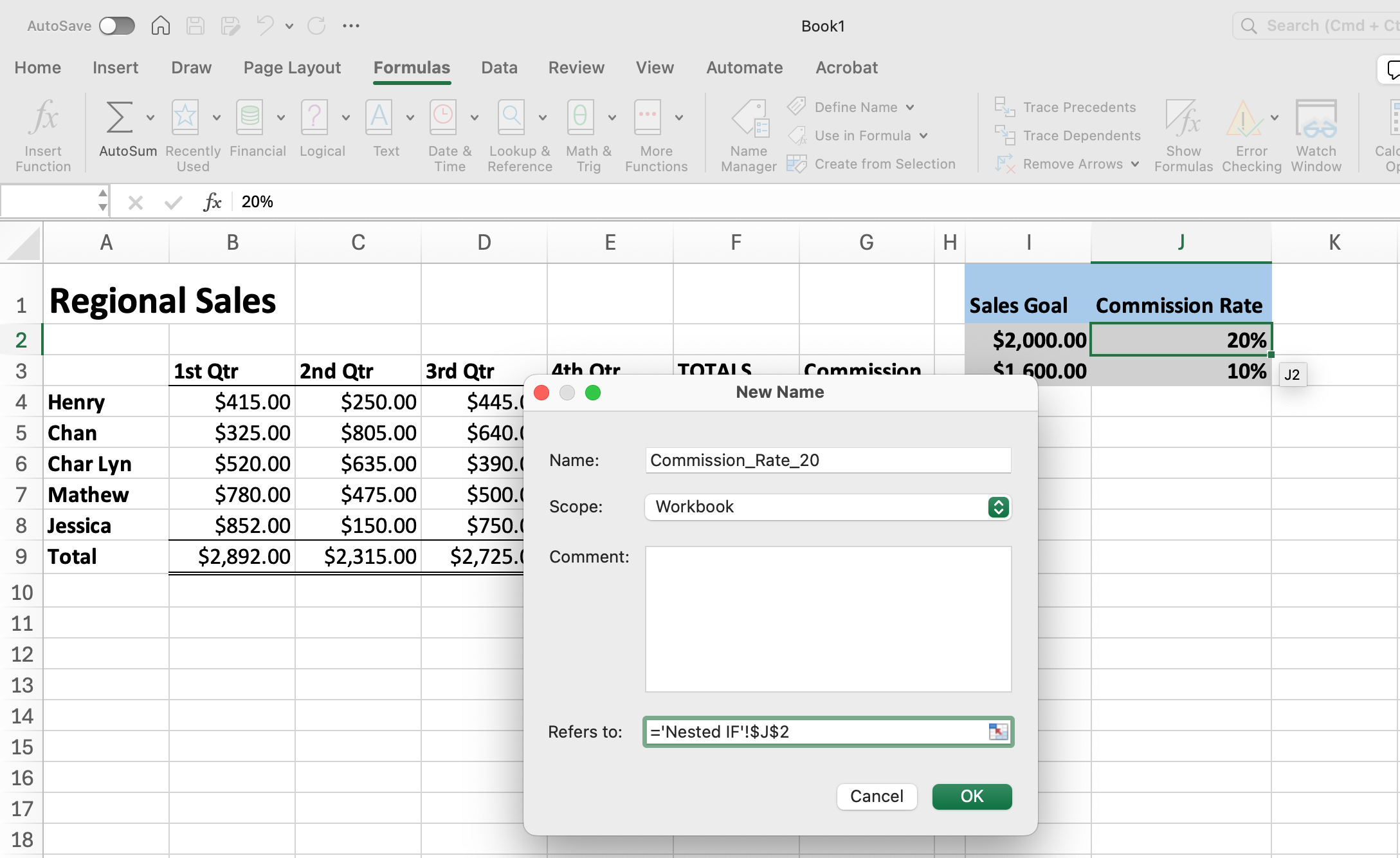 Excel screenshot of filling in the information for defining a name for the commission amount.