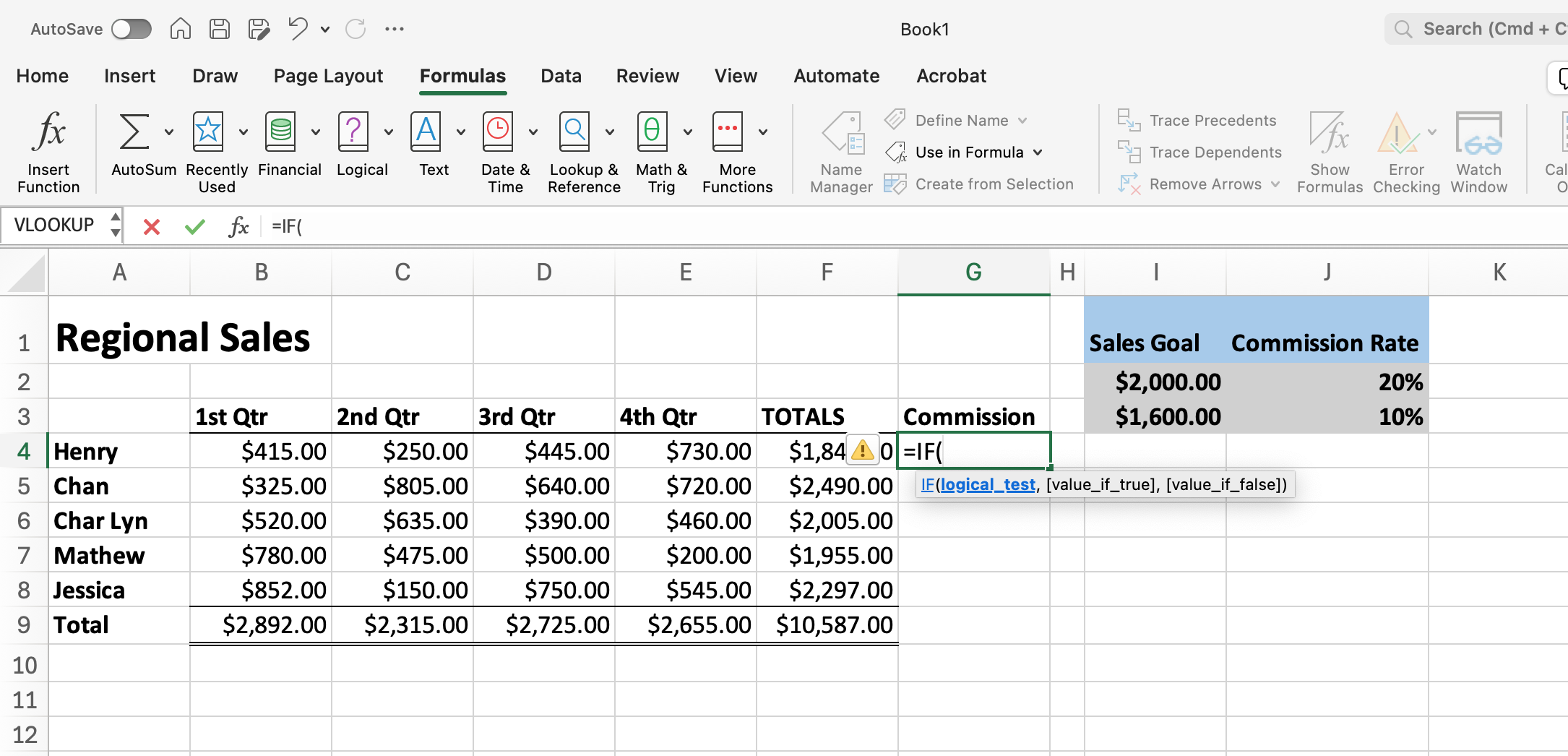 Excel screenshot showing what should be entered into the IF function to complete the logic formula.