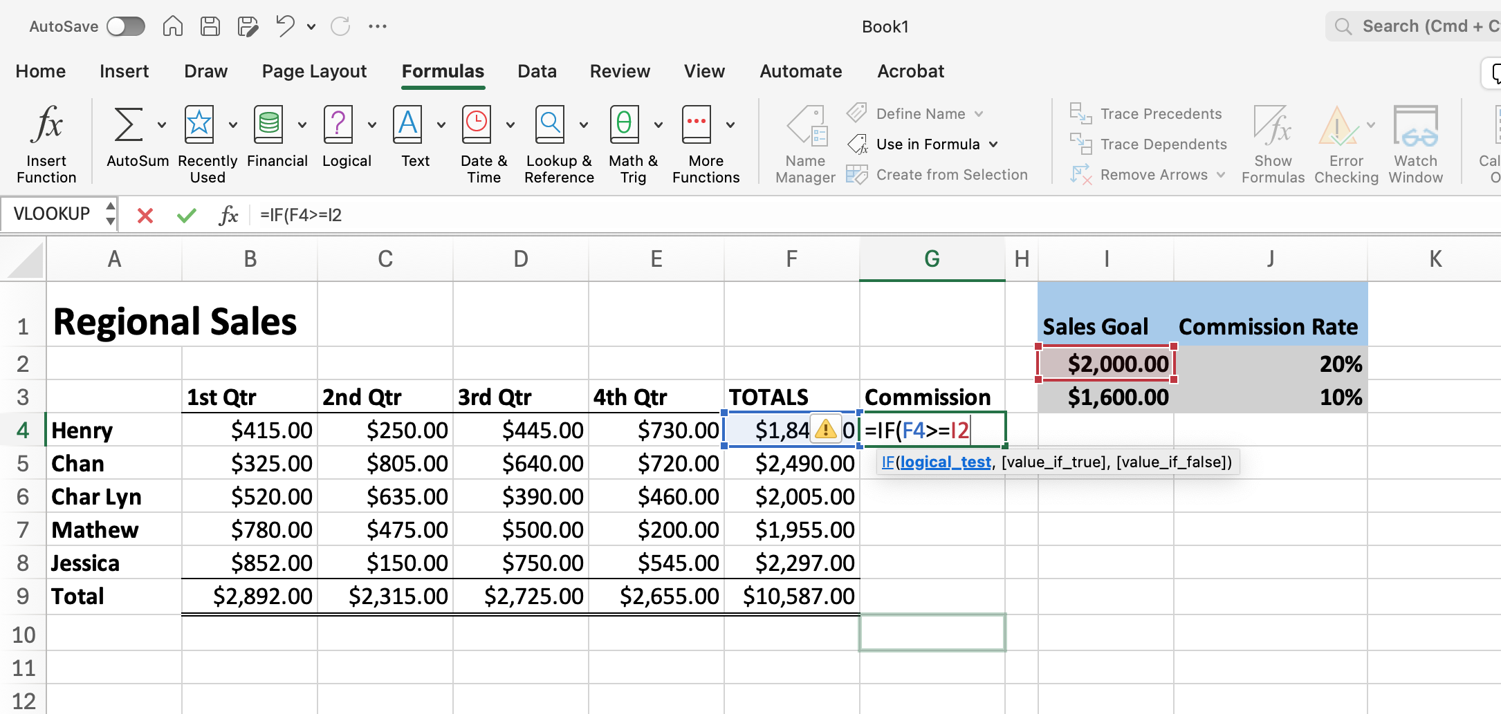 Excel screenshot displaying the inputs for the IF function formulas.