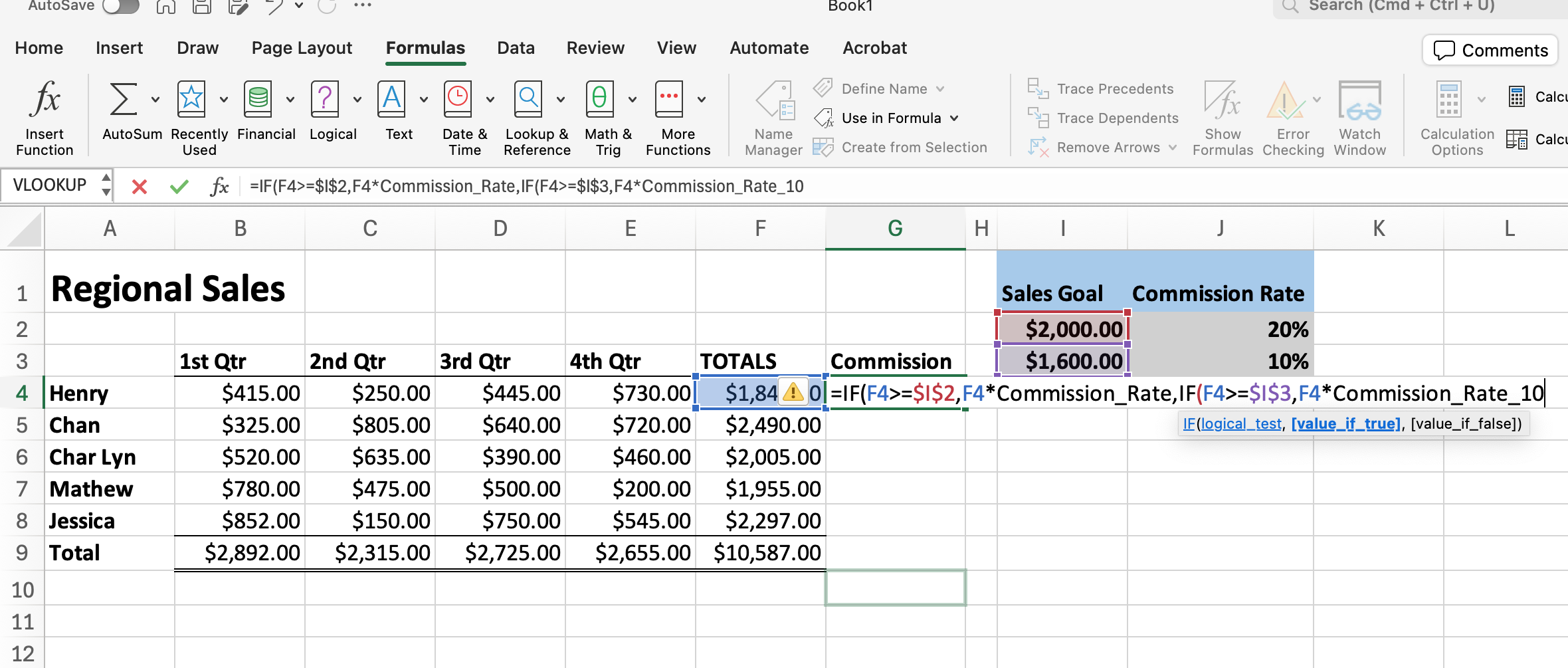 Excel screenshot displaying the inputs for the IF function formulas adding the Comission_Rate_10 name.