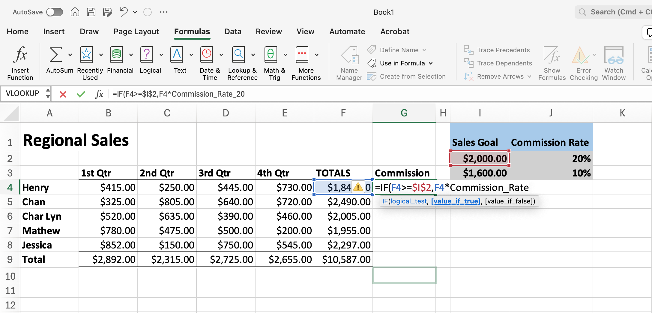 Excel screenshot displaying the inputs for the IF function formulas adding the Comission_Rate_20 name.