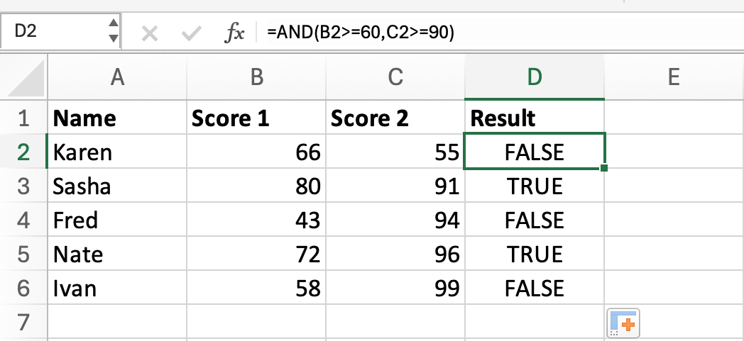Excel screenshot displaying the inputs for the AND function.