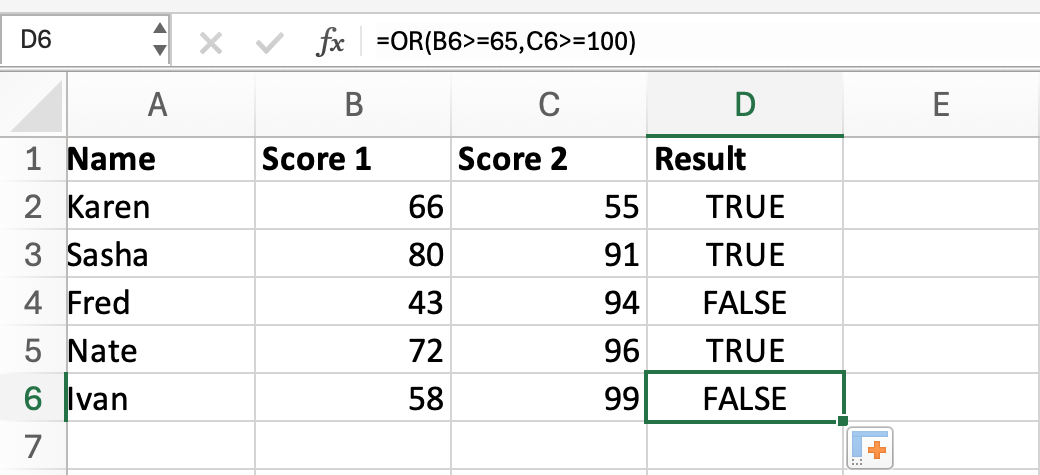 Excel screenshot displaying the logical return for the OR function in a table.