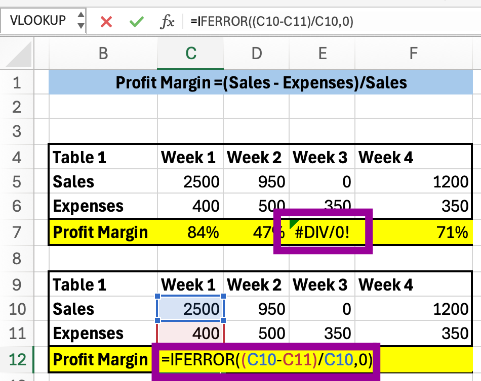 Excel screenshot displaying the logical return for the IFERROR function in a table.
