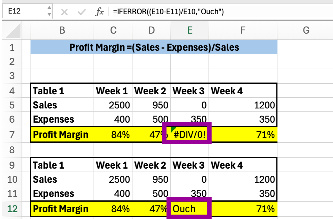 Excel screenshot displaying the logical return for the IFERROR function in a table.